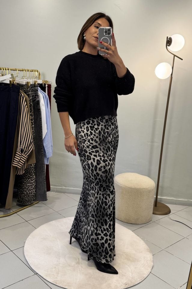 Leopar Saten Maxi Etek Gri