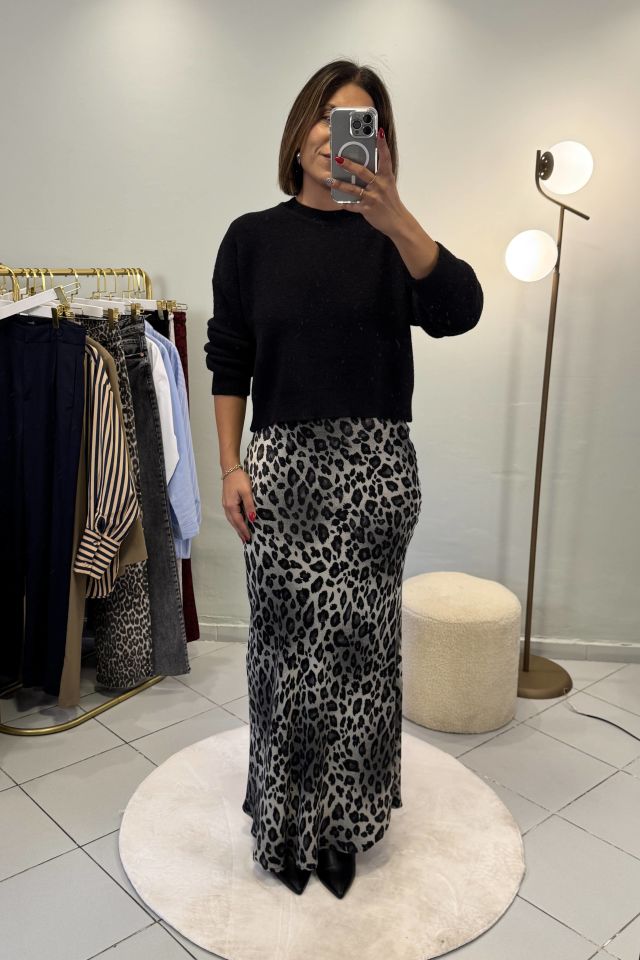 Leopar Saten Maxi Etek Gri
