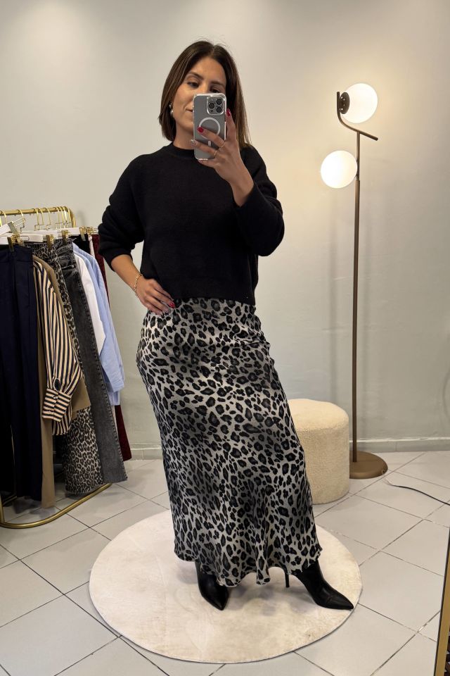 Leopar Saten Maxi Etek Gri