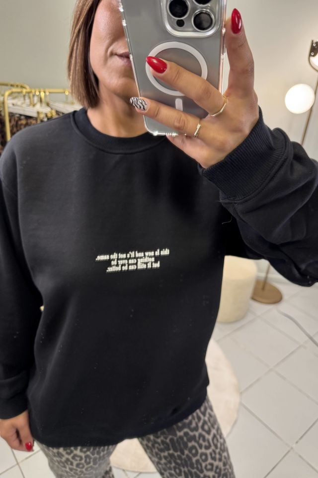 Bisiklet Yaka Şardonlu Baskılı Sweatshirt Siyah