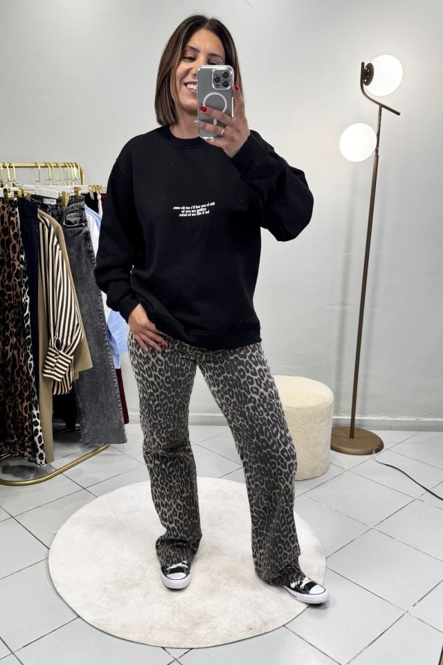 Bisiklet Yaka Şardonlu Baskılı Sweatshirt Siyah