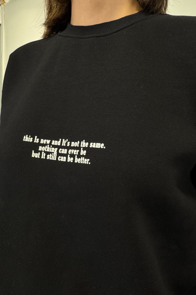 Bisiklet Yaka Şardonlu Baskılı Sweatshirt Siyah