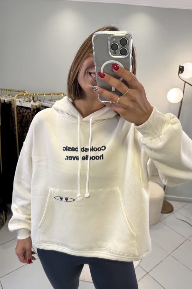 Kapüşonlu Şardonlu Sırt Baskılı Sweatshirt Bej