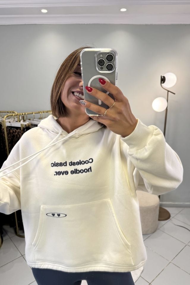 Kapüşonlu Şardonlu Sırt Baskılı Sweatshirt Bej