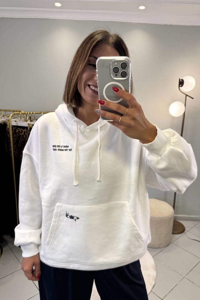 Kapüşonlu Şardonlu Sırt Baskılı Sweatshirt Beyaz