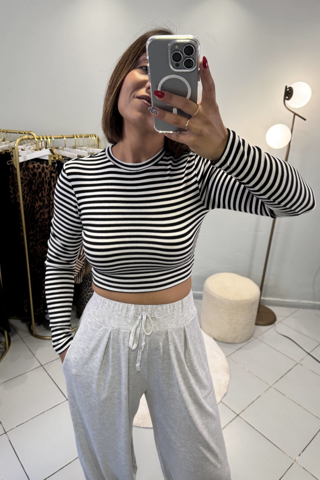 Bisiklet Yaka Uzun Kol Crop Top Çizgili