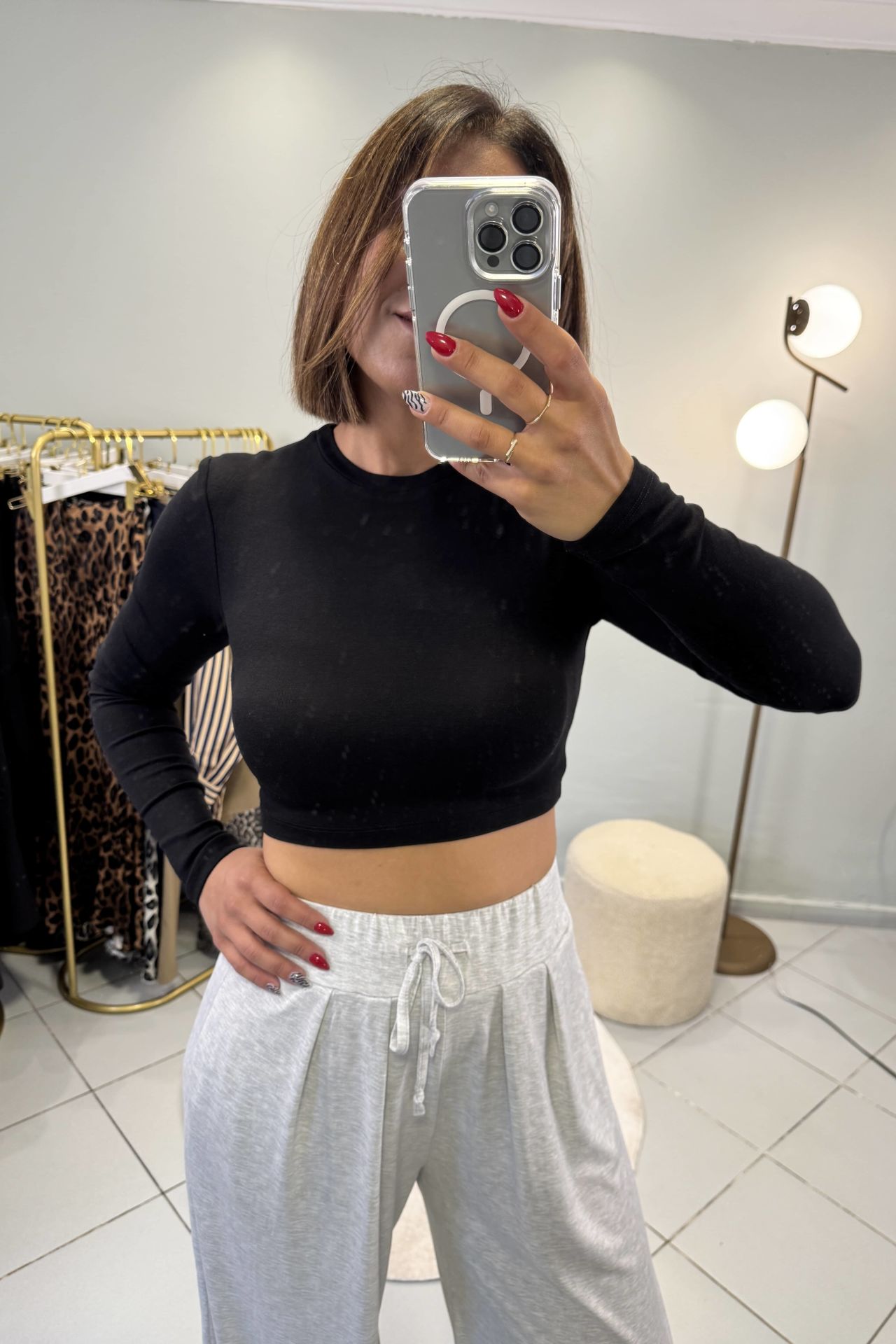 Bisiklet Yaka Uzun Kol Crop Top Siyah