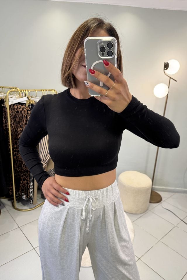 Bisiklet Yaka Uzun Kol Crop Top Siyah