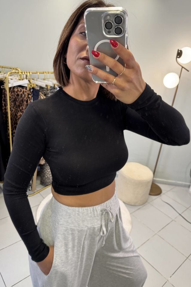 Bisiklet Yaka Uzun Kol Crop Top Siyah