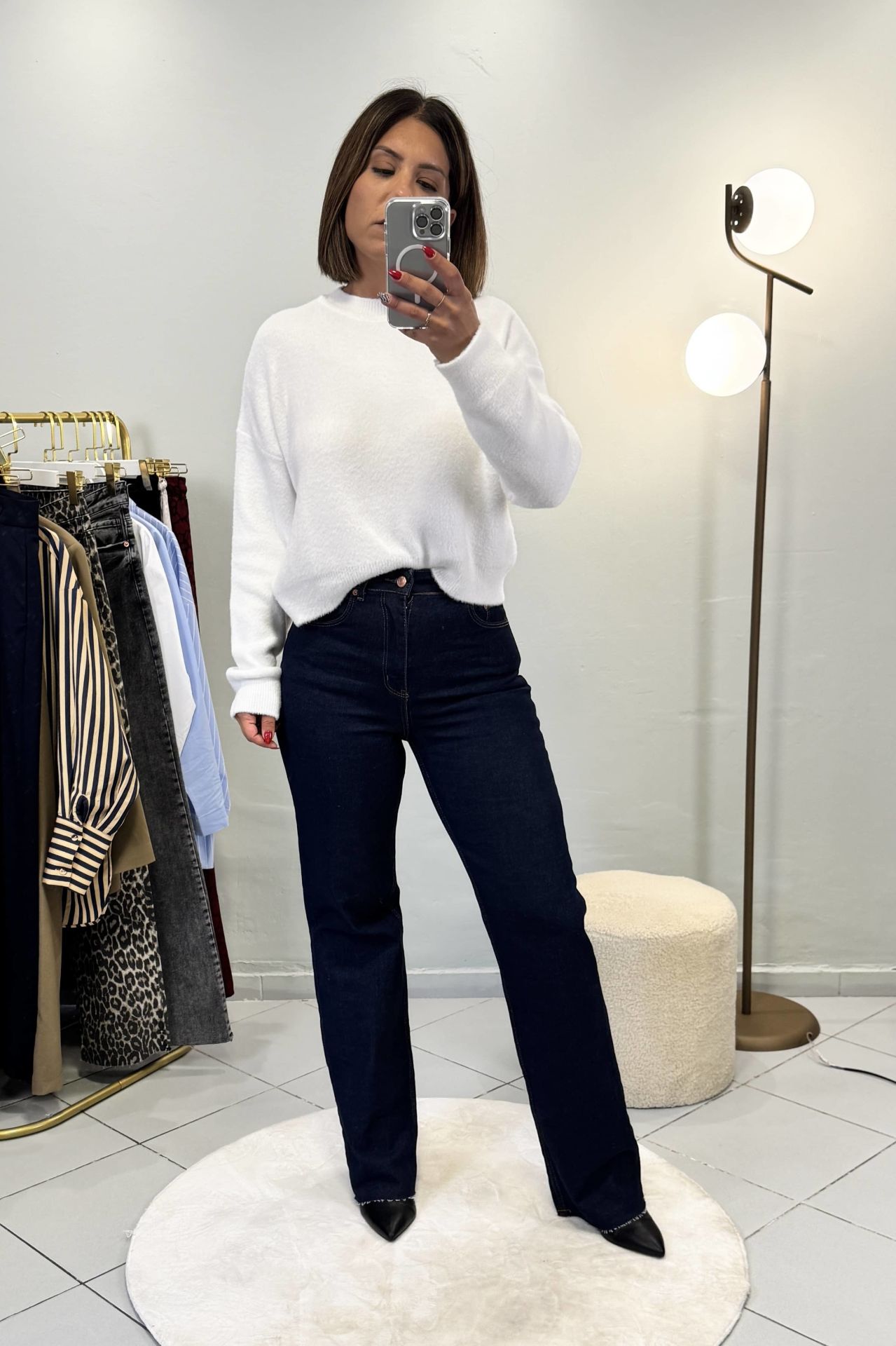 Straight Fit Kesik Paça Jean Pantolon Koyu Mavi