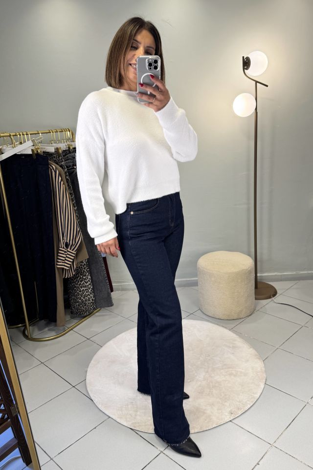 Straight Fit Kesik Paça Jean Pantolon Koyu Mavi