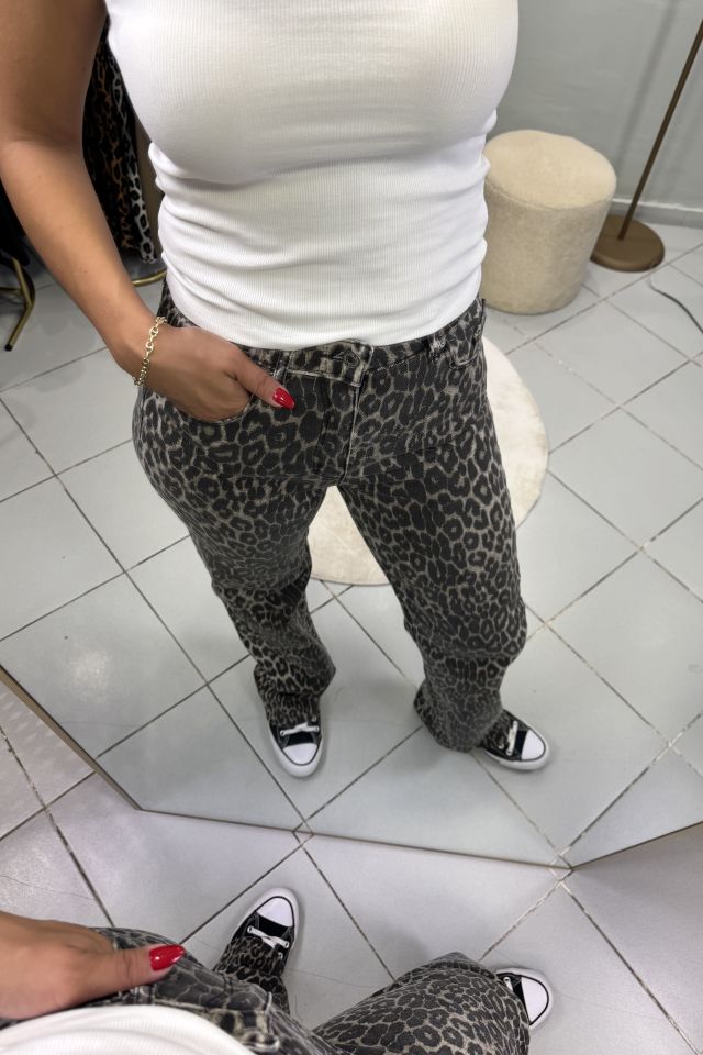 Straight Fit Kesik Paça Jean Pantolon Leopar