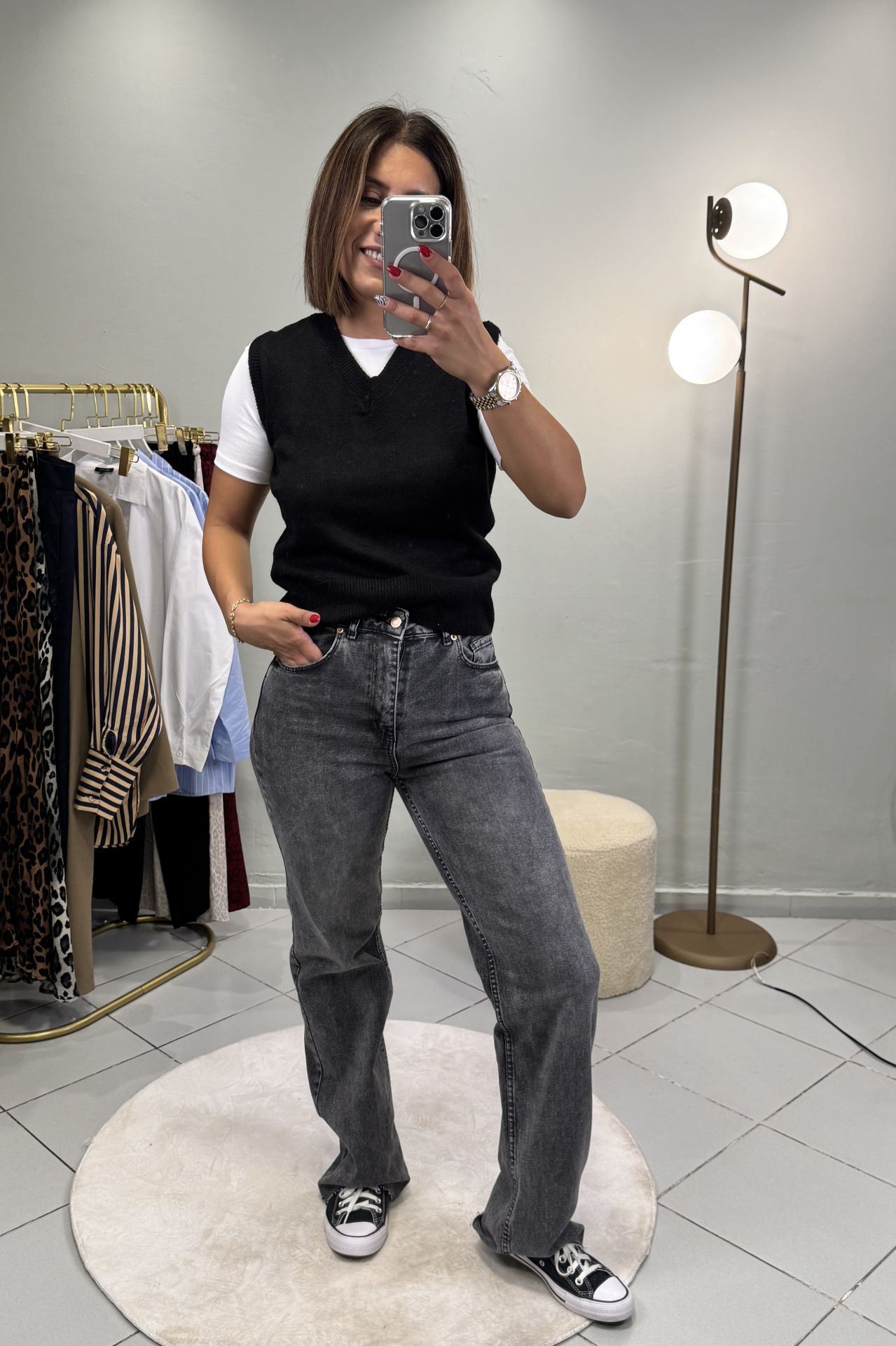 Straight Fit Kesik Paça Jean Pantolon Koyu Gri