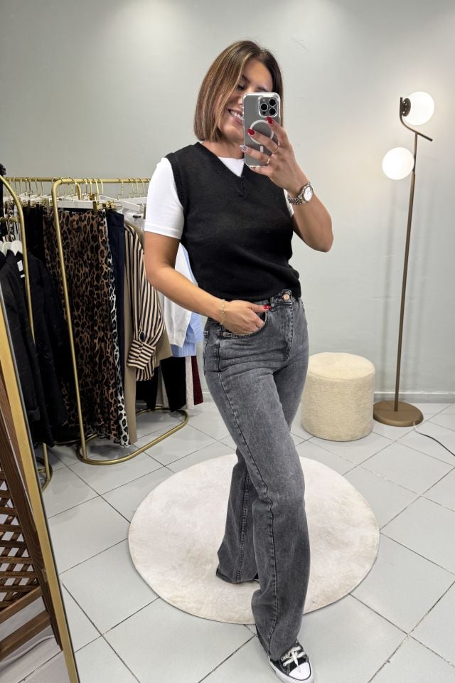 Straight Fit Kesik Paça Jean Pantolon Koyu Gri