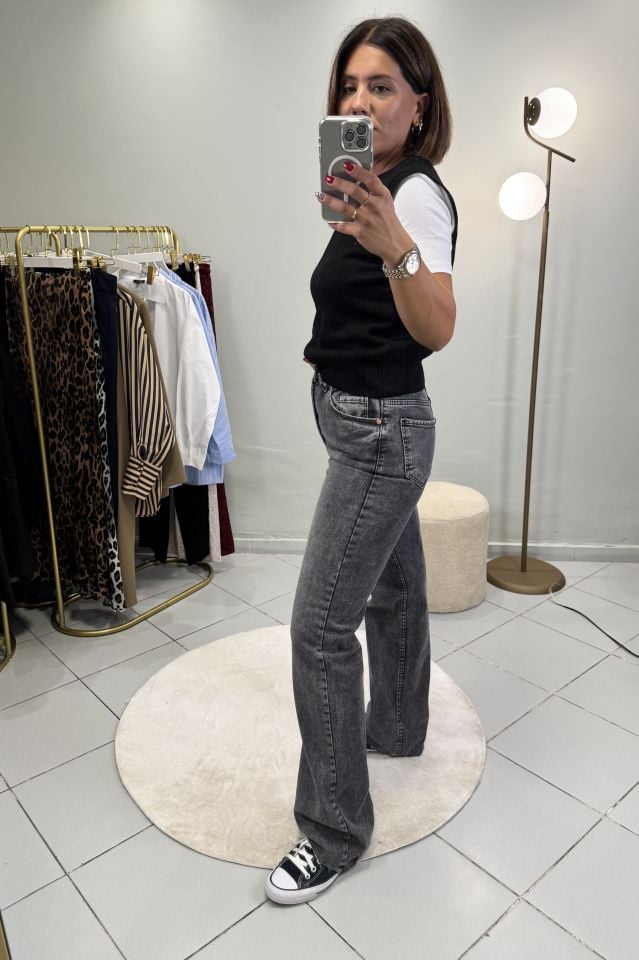 Straight Fit Kesik Paça Jean Pantolon Koyu Gri