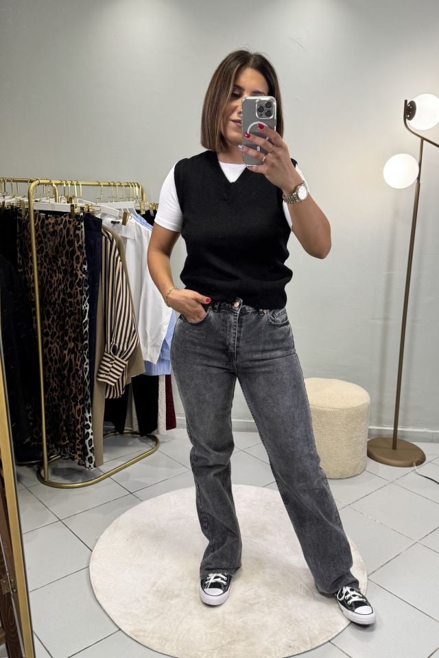 Straight Fit Kesik Paça Jean Pantolon Koyu Gri