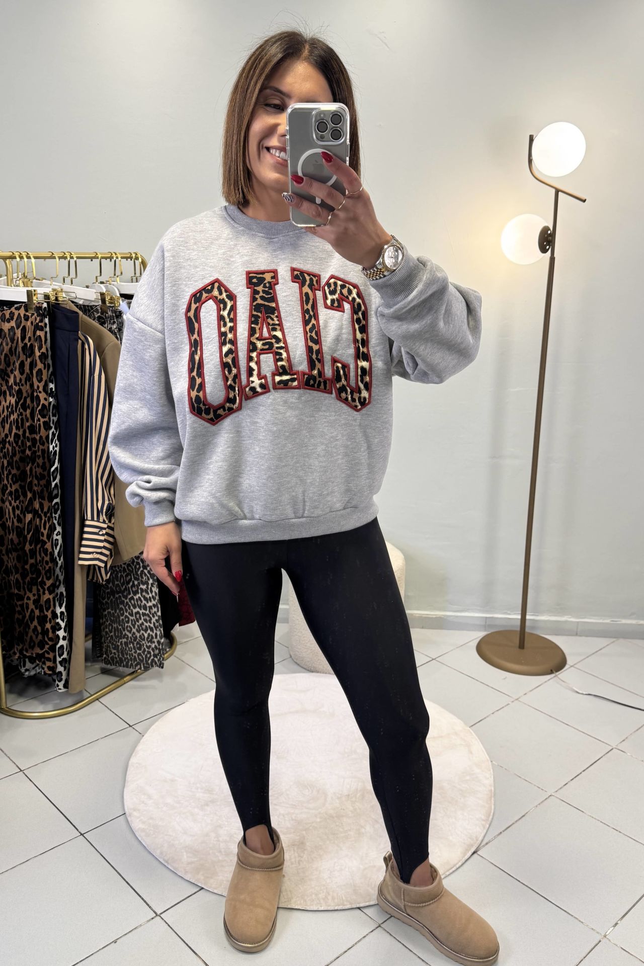 Leopar CIAO Nakış Baskılı Sweatshirt
